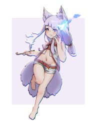Rule 34 | 1girl, animal ear fluff, animal ears, bare arms, bare shoulders, barefoot, belt, belt buckle, between fingers, blue eyes, blue fire, blush, buckle, closed mouth, collarbone, commentary request, eyes visible through hair, fang, fang out, fire, fox ears, fox girl, fox tail, full body, groin, highres, holding, holding smoking pipe, kiseru, kitsune, kuro kosyou, long hair, navel, original, purple background, red belt, shikigami, short eyebrows, short shorts, shorts, silver hair, smile, smoking pipe, solo, standing, standing on one leg, tail, thick eyebrows, two-tone background, white background, white shorts