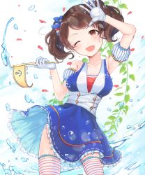 Rule 34 | 1girl, blue skirt, breasts, brown eyes, brown hair, commentary request, detached sleeves, dress, flag, gloves, idolmaster, idolmaster cinderella girls, lvetica, medium breasts, nagatomi hasumi, one eye closed, open mouth, puffy short sleeves, puffy sleeves, short hair, short sleeves, skirt, smile, solo, splashing, striped clothes, striped thighhighs, thighhighs, twintails, white gloves, zettai ryouiki