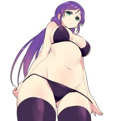 Rule 34 | 10s, 1girl, bikini, breasts, chan co, cowboy shot, from below, green eyes, groin, jpeg artifacts, large breasts, long hair, love live!, love live! school idol project, low twintails, navel, purple bikini, purple hair, purple thighhighs, simple background, solo, swimsuit, thighhighs, tojo nozomi, twintails, very long hair, white background, wide hips