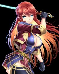 Rule 34 | 1girl, black background, black gloves, black legwear, blonde hair, blue eyes, braid, breasts, buttons, cleavage, closed mouth, commentary request, cropped jacket, dress, french braid, gloves, hair between eyes, holding, holding sword, holding weapon, jacket, kase daiki, large breasts, lips, long hair, looking at viewer, multicolored hair, official art, open clothes, open jacket, orange hair, re:creators, selesia upitiria, short dress, side braid, simple background, sleeves rolled up, solo, sword, thighs, two-tone hair, weapon