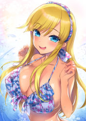 Rule 34 | 1girl, bikini, blonde hair, blue eyes, blush, breasts, chunithm, cleavage, collarbone, frilled bikini, frills, front-tie top, hairband, hands up, highres, hisasi, large breasts, long hair, ogata arishiana, open mouth, smile, solo, swimsuit
