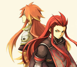 Rule 34 | 00s, 2boys, asch (tales), green eyes, long hair, luke fon fabre, male focus, morisuke, multiple boys, red hair, simple background, surcoat, tales of (series), tales of the abyss, white background