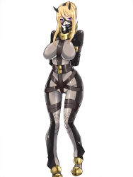 Rule 34 | 1girl, arms behind back, ball gag, bdsm, blonde hair, bondage, bondage outfit, bound, bound arms, breasts, gag, harness, harness gag, highres, horns, large breasts, maron (kagamikunn), original, purple eyes, skin tight, white background