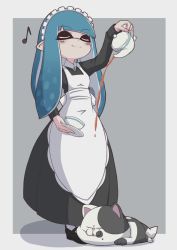 Rule 34 | 1girl, absurdres, animal, apron, arm up, black dress, black footwear, blue hair, brooch, cat, closed mouth, cup, decantering, dress, eighth note, highres, holding, inkling, inkling girl, inkling player character, jewelry, judd (splatoon), long hair, long sleeves, maid, maid apron, maid headdress, mary janes, mask, musical note, nintendo, pointy ears, shadow, shinako, shoes, smile, standing, tea, teacup, teapot, tentacle hair, white apron, white legwear