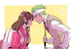 Rule 34 | 1boy, 1girl, :d, aged down, backpack, bad id, bad twitter id, bag, brown eyes, brown hair, brown pants, collared shirt, d.va (overwatch), dress shirt, face-to-face, facepaint, facial mark, forehead-to-forehead, from side, genji (overwatch), green hair, grin, hand in pocket, headband, heads together, hood, hood down, hooded jacket, jacket, jocheong, long hair, long sleeves, looking at another, necktie, open mouth, overwatch, overwatch 1, pants, profile, school uniform, shirt, short hair, shoulder bag, smile, sweater vest, teeth, time paradox, whisker markings, white shirt, wing collar, young genji