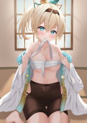 Rule 34 | 1girl, absurdres, alternate breast size, aqua eyes, bare shoulders, barefoot, bike shorts, blonde hair, blush, breasts, budget sarashi, chest sarashi, cleavage, clothes in mouth, collarbone, covered navel, crossed bangs, hair intakes, hair ornament, haori, highres, hip vent, hololive, indoors, japanese clothes, kazama iroha, leaf hair ornament, looking at viewer, medium breasts, medium hair, off shoulder, panties, panty straps, ponytail, sarashi, sidelocks, sitting, solo, string panties, thigh gap, thighs, underwear, undressing, uni ikura, virtual youtuber, window