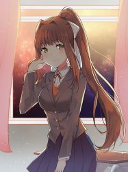 Rule 34 | 1girl, adjusting hair, backlighting, blazer, blue skirt, blush, bow, breasts, brown hair, closed mouth, collared shirt, cowboy shot, curtains, desk, doki doki literature club, green eyes, grey jacket, hair bow, hair intakes, hand up, indoors, jacket, long hair, long sleeves, looking at viewer, medium breasts, miniskirt, monika (doki doki literature club), neck ribbon, night, pleated skirt, ponytail, red ribbon, ribbon, school, school desk, school uniform, shirt, sidelocks, skirt, sky, smile, solo, star (sky), starry sky, tareme, tiny (tini3030), very long hair, vest, white bow, white shirt, window, wing collar