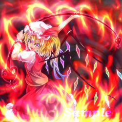 Rule 34 | &gt;:d, 1girl, :d, ascot, blonde hair, crystal, fang, fire, flandre scarlet, hat, hat ribbon, highres, laevatein, looking at viewer, mob cap, open mouth, puffy short sleeves, puffy sleeves, red eyes, red skirt, ribbon, sample watermark, short sleeves, side ponytail, skirt, skirt set, smile, solo, touhou, tsurime, v-shaped eyebrows, watermark, wings, wrist cuffs, zephid