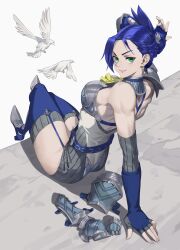 Rule 34 | 1girl, absurdres, arm behind head, arm support, blair dame, blue hair, breasts, fighting ex layer, fingerless gloves, gloves, green eyes, highres, large breasts, legs, looking at viewer, short hair, sideboob, smile, thighs