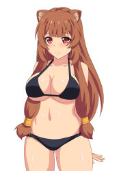 Rule 34 | 1girl, :3, animal ears, arms behind back, bare shoulders, bikini, black bikini, blunt bangs, blush, breasts, brown hair, cleavage, closed mouth, collarbone, commentary request, cowboy shot, gluteal fold, highres, large breasts, long hair, looking at viewer, mizutani rin, navel, raccoon ears, raccoon girl, raphtalia, red eyes, sidelocks, smile, solo, stomach, swimsuit, tate no yuusha no nariagari, very long hair