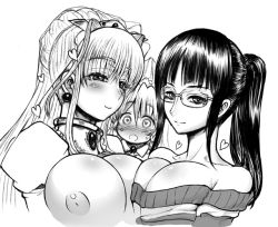 Rule 34 | 3girls, bare shoulders, black hair, blonde hair, braid, breast press, breasts, cleavage, collar, crossover, crown, dress, glasses, hair ornament, heart, heart-shaped pupils, inverted nipples, large breasts, long hair, looking at viewer, mother and daughter, multiple girls, nico robin, one piece, ponytail, pridys, prina, prina the dungeoneering princess, rebis, sweater, symbol-shaped pupils, symmetrical docking, wedding dress