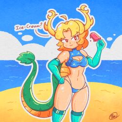 Rule 34 | 1girl, antlers, beach, bikini, blonde hair, blue bikini, blush, breasts, cleavage, cleavage cutout, closed mouth, clothing cutout, day, dragon girl, dragon tail, elbow gloves, food, gloves, green gloves, green thighhighs, holding, holding food, holding popsicle, horns, iced lemon, kicchou yachie, medium breasts, ocean, outdoors, popsicle, red eyes, short hair, smile, solo, swimsuit, tail, thighhighs, touhou, water