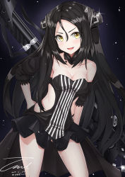Rule 34 | 1girl, arm behind back, armpits, bare shoulders, black hair, black panties, blush, breasts, choker, cleavage, cleavage cutout, clothing cutout, collarbone, cowboy shot, dated, dreamer (girls&#039; frontline), dress, eyes visible through hair, girls&#039; frontline, gun, hair between eyes, hand on own hip, head tilt, headgear, highleg, highleg panties, leaning, leg up, light particles, long hair, looking at viewer, medium breasts, open mouth, pale skin, panties, revealing clothes, sangvis ferri, side slit, sidelocks, signature, simple background, smile, solo, standing, standing on one leg, striped clothes, striped dress, thighs, twitter username, underwear, unel1211, very long hair, weapon, weapon on back, yellow eyes
