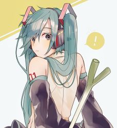 Rule 34 | 1girl, aqua eyes, aqua hair, bad id, bad twitter id, bare shoulders, closed mouth, commentary, detached sleeves, from behind, green eyes, green hair, hatsune miku, headphones, headset, highres, long hair, looking at viewer, looking back, skirt, sleeveless, solo, spring onion, tattoo, twintails, very long hair, vocaloid, ziuuun