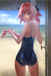 Rule 34 | 1boy, ass, astolfo (fate), bare shoulders, beach, bow, braid, competition school swimsuit, crossdressing, fang, fate/apocrypha, fate/grand order, fate (series), from behind, highres, kyodairobo, long hair, looking at viewer, looking back, male focus, multicolored hair, one-piece swimsuit, open mouth, pink hair, purple eyes, school swimsuit, shiny clothes, shiny skin, showering, single braid, smile, solo, swimsuit, trap, very long hair, wet, wet clothes, wet hair, white hair
