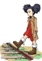 Rule 34 | 1girl, advance wars, black eyes, black hair, boots, brown coat, brown footwear, coat, day, dress, fur-trimmed boots, fur trim, grass, hands in pockets, lash (advance wars), outdoors, railroad tracks, red dress, shirawaki, solo, twintails, walking, white background