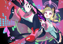 Rule 34 | 1girl, abstract background, absurdres, black skirt, black thighhighs, blonde hair, blue archive, blush, cat hair ornament, commentary request, finger on trigger, full body, gun, hair ornament, halo, highres, holding, holding gun, holding weapon, ippan keikenchi, jacket, long hair, long sleeves, low-tied sidelocks, machine gun, momoi (blue archive), off shoulder, open mouth, pink eyes, pink halo, pleated skirt, red footwear, shoes, skirt, solo, thighhighs, weapon, white jacket