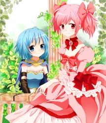 Rule 34 | 10s, 2girls, alternate costume, bad id, bad pixiv id, bare shoulders, blue eyes, blue hair, blush, bow, cape, dress, hair bow, highres, kaname madoka, long hair, looking at viewer, magical girl, mahou shoujo madoka magica, mahou shoujo madoka magica (anime), miki sayaka, multiple girls, pink eyes, pink hair, short hair, short twintails, smile, transparent background, twintails, yuiyuimoe