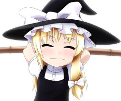 Rule 34 | 1girl, arms behind back, arms up, bamboo, blonde hair, bow, broom, chibi, closed eyes, female focus, hair bow, hat, kirisame marisa, kusaba, kusaba (kusabashiki), smile, solo, touhou, witch, witch hat