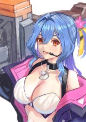 Rule 34 | 1girl, amelia (world flipper), bare shoulders, bikini, black choker, blush, breasts, choker, cleavage, earpiece, female focus, hair intakes, hair ornament, hair ribbon, happy, jacket, large breasts, level9kaito, light blush, looking at viewer, off-shoulder jacket, off shoulder, official alternate costume, open clothes, open jacket, open mouth, orange eyes, purple jacket, rabbit hair ornament, ribbon, simple background, smile, solo, swimsuit, teeth, two-sided fabric, two-sided jacket, upper body, white background, white bikini, world flipper, yellow ribbon
