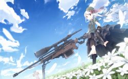 Rule 34 | 1girl, beret, bipod, boots, bow, cloud, day, field, flower, flower field, frilled skirt, frills, full body, gloves, gun, handgun, hat, hat bow, highres, holding, holding weapon, huge weapon, long hair, looking at viewer, makadamixa, medal, military, military uniform, necktie, original, outdoors, petals, red eyes, revolver, rifle, scope, shirt, short sleeves, skirt, sky, sniper rifle, solo, tombstone, uniform, weapon, white hair, wind