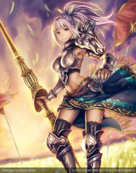 Rule 34 | 10s, 1girl, 2012, anbe yoshirou, armor, armored boots, artist name, banner, belt, boots, gauntlets, grey eyes, guardian cross, horseshoe, light purple hair, light smile, looking at viewer, midriff, official art, original, polearm, ponytail, smile, sparkle, spear, square enix, sunset, thighhighs, weapon, wind