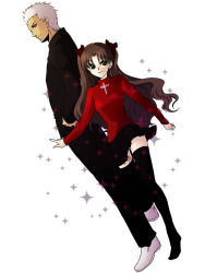 Rule 34 | 161, 1boy, 1girl, archer (fate), black thighhighs, casual, dark-skinned male, dark skin, fate/stay night, fate (series), green eyes, hair ribbon, height difference, long legs, pleated skirt, ribbon, skirt, standing, standing on one leg, thighhighs, tohsaka rin, turtleneck, twintails, two side up, white hair, zettai ryouiki