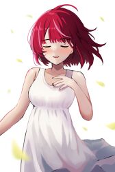 Rule 34 | 1girl, absurdres, arima kana, bare shoulders, blunt bangs, blurry, blurry foreground, blush, breasts, closed eyes, collarbone, commentary, cowboy shot, dress, falling petals, floating hair, highres, jerrytz, large breasts, open mouth, oshi no ko, petals, red hair, romaji commentary, short hair, simple background, sleeveless, sleeveless dress, solo, white background, white dress