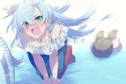 Rule 34 | 1girl, all fours, anastasia (fate), bare shoulders, blue eyes, blue skirt, blush, bow, breasts, cleavage, collarbone, doll, earrings, echo (circa), electric fan, english text, fate/grand order, fate (series), hair bow, hair over one eye, jewelry, large breasts, long hair, looking at viewer, off shoulder, open mouth, pantyhose, shirt, silver hair, skirt, sweat, viy (fate), white shirt