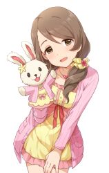 Rule 34 | 1girl, absurdres, brown eyes, brown hair, buchi (y0u0ri ), cardigan, collarbone, dress, frilled dress, frills, hair ornament, hair scrunchie, hand on own thigh, hand puppet, hand up, heart, heart necklace, highres, idolmaster, idolmaster cinderella girls, idolmaster cinderella girls starlight stage, jewelry, leaning forward, long hair, long sleeves, looking at viewer, low ponytail, mochida arisa, necklace, open cardigan, open clothes, open mouth, pink cardigan, puppet, rabbit, red ribbon, ribbon, scrunchie, side ponytail, simple background, smile, solo, white background, yellow dress