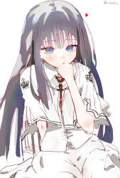 Rule 34 | 1girl, arm behind back, arm support, black hair, blue eyes, blunt bangs, capelet, collared shirt, crown print, film grain, hand to own mouth, heart, highres, long hair, necktie, parted lips, print capelet, red necktie, school uniform, shirt, simple background, sitting, skirt, solo, straight hair, subarashiki hibi, takashima zakuro, twitter username, very long hair, white background, white capelet, white shirt, white skirt