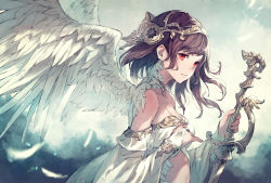 Rule 34 | 1girl, angel wings, bare shoulders, breasts, bridal gauntlets, brown hair, cleavage, closed mouth, cloud, collarbone, commentary request, detached sleeves, expressionless, feathered wings, feathers, from side, headpiece, highres, holding, holding sword, holding weapon, kusano shinta, long hair, looking at viewer, looking to the side, medium breasts, motion blur, original, outdoors, revealing clothes, solo, sword, upper body, weapon, white wings, wings