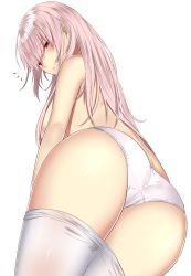 Rule 34 | 1girl, ass, blush, breasts, clothes pull, fate/grand order, fate (series), florence nightingale (fate), from below, highres, large breasts, long hair, looking at viewer, onineko-chan, panties, pantyhose, pantyhose pull, parted lips, pink hair, red eyes, sidelocks, simple background, solo, thighs, topless, underwear, white background, white panties, white pantyhose