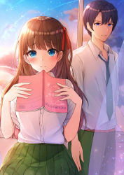 Rule 34 | 1boy, 1girl, absurdres, arm at side, bad id, bad pixiv id, blue eyes, blue sky, blush, book, brown hair, closed mouth, cloud, cloudy sky, collared shirt, commentary request, cowboy shot, day, dress shirt, green skirt, hair ribbon, hands up, highres, holding, holding book, long hair, looking at viewer, male focus, necktie, open book, original, pleated skirt, rain, red ribbon, ribbon, school uniform, shirt, short hair, short sleeves, skirt, sky, smile, striped, sunset, uniform, white shirt, window, wing collar, yukiunag1