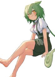 Rule 34 | 1girl, :3, barefoot, blush, closed mouth, green hair, green shorts, hair between eyes, highres, invisible chair, long hair, looking at viewer, orange eyes, pocche-ex, puffy short sleeves, puffy sleeves, shirt, short sleeves, shorts, simple background, sitting, solo, suspender shorts, suspenders, voicevox, white background, white shirt, zundamon