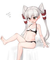 Rule 34 | absurdres, alternate hairstyle, amatsukaze (kancolle), barefoot, bikini, brown eyes, collarbone, dated, feet out of frame, flat chest, frilled bikini, frills, grey hair, hair tubes, highres, kantai collection, long hair, maru (marg0613), one-hour drawing challenge, simple background, sitting, swimsuit, twitter username, two-tone bikini, two side up, white background, white bikini