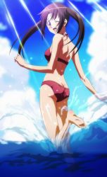 Rule 34 | 1girl, ass, back, barefoot, bikini, breasts, brown eyes, brown hair, cloud, feet, female focus, highres, looking back, ocean, open mouth, outdoors, screencap, seitokai yakuindomo, sky, smile, soles, solo, splashing, stitched, swimsuit, third-party edit, toes, tsuda kotomi, twintails, wink
