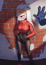 Rule 34 | 1girl, animal ears, azuuart, black pants, blush, brick wall, covered navel, creatures (company), cropped jacket, disembodied hand, furry, furry female, game freak, gen 8 pokemon, hands in pockets, headband, highres, jacket, looking at viewer, looking to the side, medium hair, nintendo, pants, pokemon, pokemon (creature), rabbit ears, raboot, red eyes, red jacket, solo focus, tight clothes, tight pants, turtleneck, turtleneck jacket, white fur, white hair, yellow headband, zipper