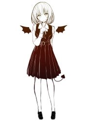 Rule 34 | 1girl, :o, blush, breasts, collared shirt, demon girl, demon tail, demon wings, detached wings, dress, finger to mouth, full body, greyscale, hair between eyes, head tilt, highres, loafers, long sleeves, medium breasts, mini wings, mokufuu, monochrome, neck ribbon, original, parted lips, pinafore dress, pleated dress, ribbon, shirt, shoes, shushing, simple background, sketch, sleeveless dress, solo, standing, tail, white background, wings