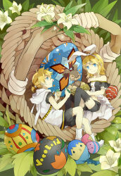 Rule 34 | 1boy, 1girl, bare shoulders, basket, black shorts, black thighhighs, blonde hair, blue eyes, bow, brother and sister, easter, easter bunny, easter egg, easter lily, egg, hair bow, hood, hoodie, kagamine len, kagamine rin, komi (icemeko), rabbit, short hair, short ponytail, shorts, siblings, thighhighs, twins, vocaloid, white bow, white hoodie