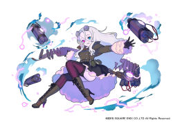 Rule 34 | 1girl, black gloves, black skirt, blue eyes, boots, brown footwear, buttons, coat, cross-laced footwear, double-breasted, dynamite, enkyo yuuichirou, explosive, frankenstein (mugen knights), full body, garter straps, gloves, grenade, grin, hair between eyes, heterochromia, high heel boots, high heels, lace-up boots, long hair, mugen knights, purple eyes, purple thighhighs, screw, simple background, skindentation, skirt, smile, solo, square enix, stitches, striped clothes, striped thighhighs, thighhighs, watermark, white background, white hair