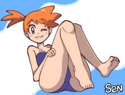 Rule 34 | 1girl, absurdres, arms up, ass, asymmetrical hair, bare arms, bare shoulders, barefoot, bikini, blue bikini, blush, breasts, cowboy shot, creatures (company), game freak, green eyes, hair tie, highres, legs, looking at viewer, medium breasts, misty (pokemon), navel, nintendo, one eye closed, open mouth, orange hair, pokemon, pokemon rgby, ponytail, pussy, senshionart, short hair, short ponytail, side ponytail, smile, solo, swimsuit, thighs, wink