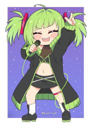 Rule 34 | ^ ^, black footwear, black jacket, black skirt, blush, boots, chibi, closed eyes, cowlick, delutaya, closed eyes, halterneck, halterneck, highres, indie virtual youtuber, jacket, kukie-nyan, midriff, music, navel, open mouth, pointing, pointing up, singing, skirt, smile, solo, thigh strap, twintails, v-shaped eyebrows, virtual youtuber