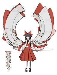 Rule 34 | 1girl, absurdres, adapted costume, ascot, black hair, blouse, bow, closed mouth, commentary request, detached sleeves, full body, hair bow, hair tubes, hakurei reimu, harano kaguyama, highres, looking at viewer, medium hair, red bow, red shirt, red skirt, shirt, skirt, sleeveless, sleeveless shirt, smile, solo, touhou, yellow ascot
