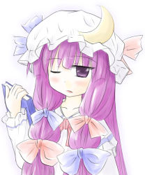 Rule 34 | 1girl, bad id, bad pixiv id, bow, crescent, crescent hat ornament, female focus, hat, hat ornament, long hair, natsuki (silent selena), patchouli knowledge, pink bow, purple eyes, purple hair, solo, touhou