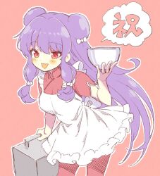 1girl :d apron blush bow bowl commentary_request cowboy_shot hair_bow holding holding_bowl ishida_aya long_hair looking_at_viewer mixed-language_commentary open_mouth pants purple_hair ranma_1/2 red_background red_eyes red_pants shampoo_(ranma_1/2) simple_background sketch smile solo translation_request very_long_hair white_bow