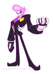 Rule 34 | 1boy, atomi-cat, commentary request, formal, heart, lewis (mystery skulls), male focus, mystery skulls, necktie, pink eyes, pink hair, simple background, skeleton, solo, standing, suit, transparent background, watermark, web address, white background