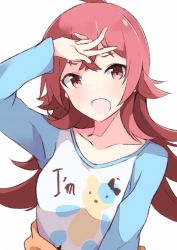 Rule 34 | 1girl, :d, bad id, bad twitter id, clothes writing, enelis, hand on forehead, idolmaster, idolmaster shiny colors, komiya kaho, looking at viewer, open mouth, raglan sleeves, salute, simple background, smile, solo, two-finger salute, white background