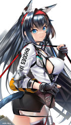 Rule 34 | 1girl, :3, animal ear fluff, animal ears, arknights, artist name, ass, belt, belt pouch, black gloves, black hair, black skirt, blaze (arknights), blue eyes, breasts, cat ears, cat girl, cat tail, closed mouth, clothes writing, clothing cutout, commentary, cowboy shot, english commentary, from side, gloves, hairband, highres, jacket, large breasts, lipstick, long hair, long sleeves, looking at viewer, looking to the side, makeup, miniskirt, open clothes, open jacket, partially fingerless gloves, pink lips, pouch, red hairband, see-through, shirt, sideboob, signature, single hair intake, skirt, smile, solo, tail, tail through clothes, thigh pouch, thigh strap, very long hair, weapon bag, white jacket, white shirt, yokaze (yokajie)
