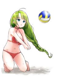 Rule 34 | 1girl, ball, beach volleyball, bikini, blue eyes, braid, commentary request, full body, green hair, halterneck, kantai collection, long hair, mole, mole under mouth, motion blur, playing games, playing sports, red bikini, simple background, solo, someno haru, string bikini, swimsuit, very long hair, volleyball, volleyball (object), white background, yuugumo (kancolle)